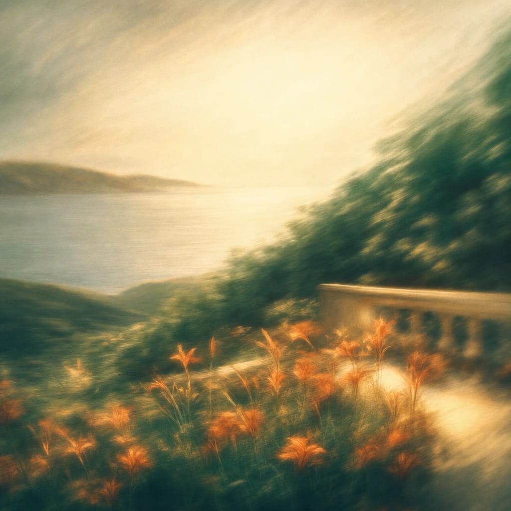 Stylized scene featuring a sunlit terrace overlooking wild orange lilies and dark green hedges, rendered in deep forest green, off-white, and warm orange