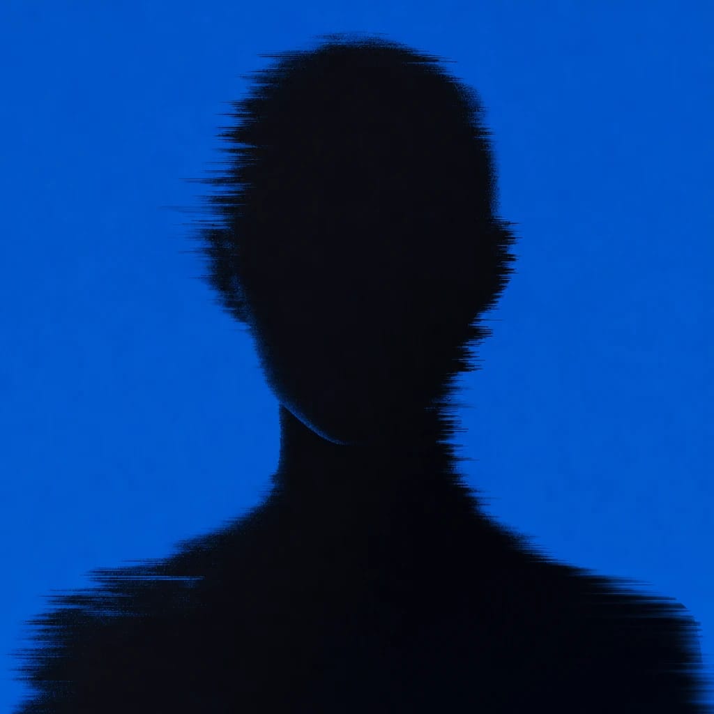 Stylized scene featuring a digital humanoid silhouette, glitching with fragmented edges, rendered in #004CB6
