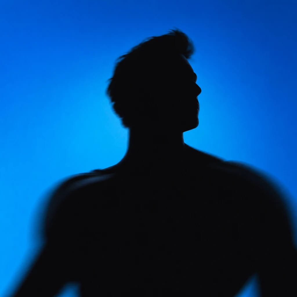 Stylized scene featuring a heroic figure in a dynamic pose, softly blurred, rendered in #004CB6