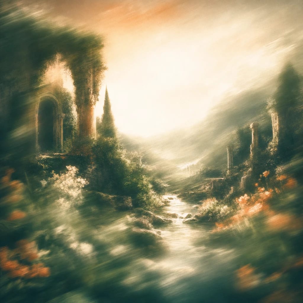 Stylized scene featuring sunlit ancient ruins overgrown with green foliage, rendered in deep forest green, off-white, and warm orange
