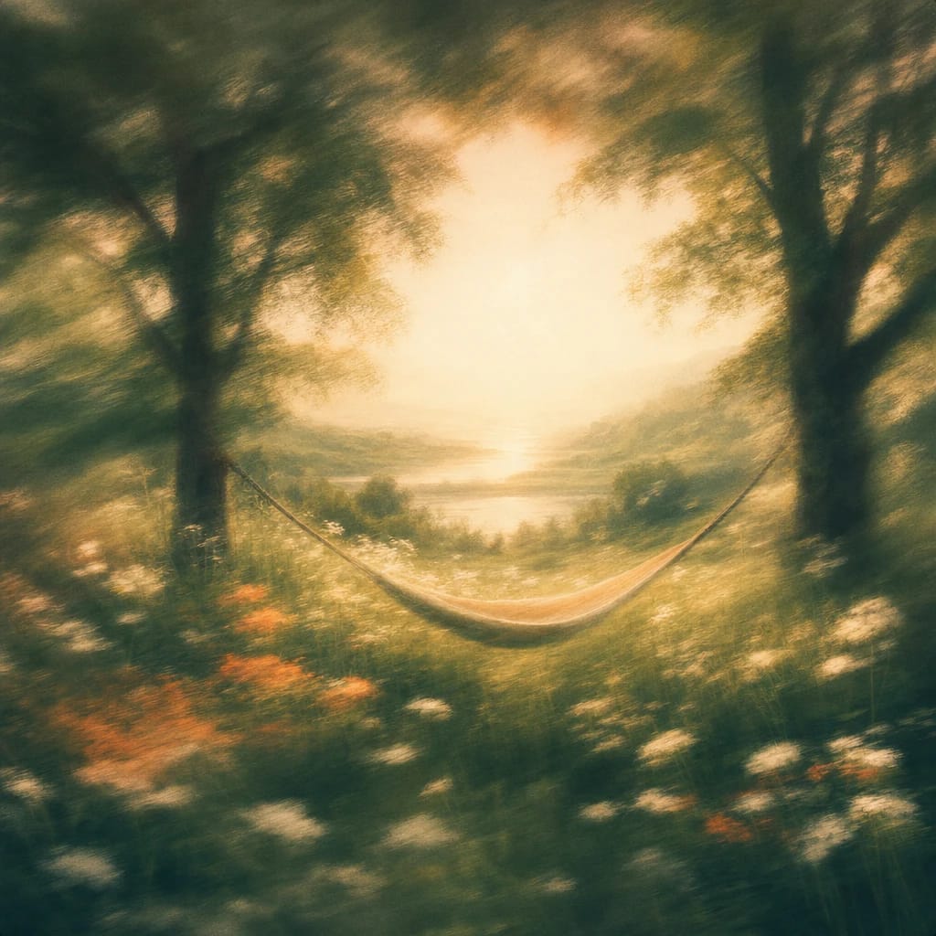 Stylized scene featuring a sun-drenched field with overgrown grass and wildflowers, a hammock gently swaying between two leafy trees, rendered in deep forest green, off-white, and warm orange