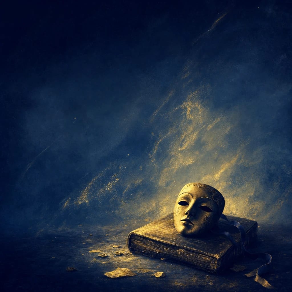 Stylized scene featuring a theater mask resting on an old storybook, rendered in #F8E079 and #000440