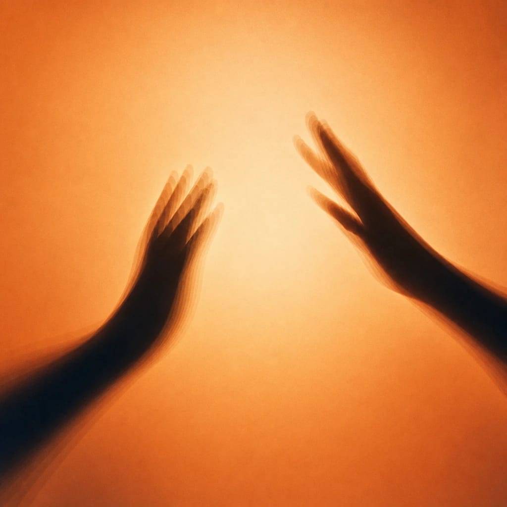 Stylized scene featuring two silhouetted hands mid-high five with a motion blur, rendered in burnt orange #C94A18