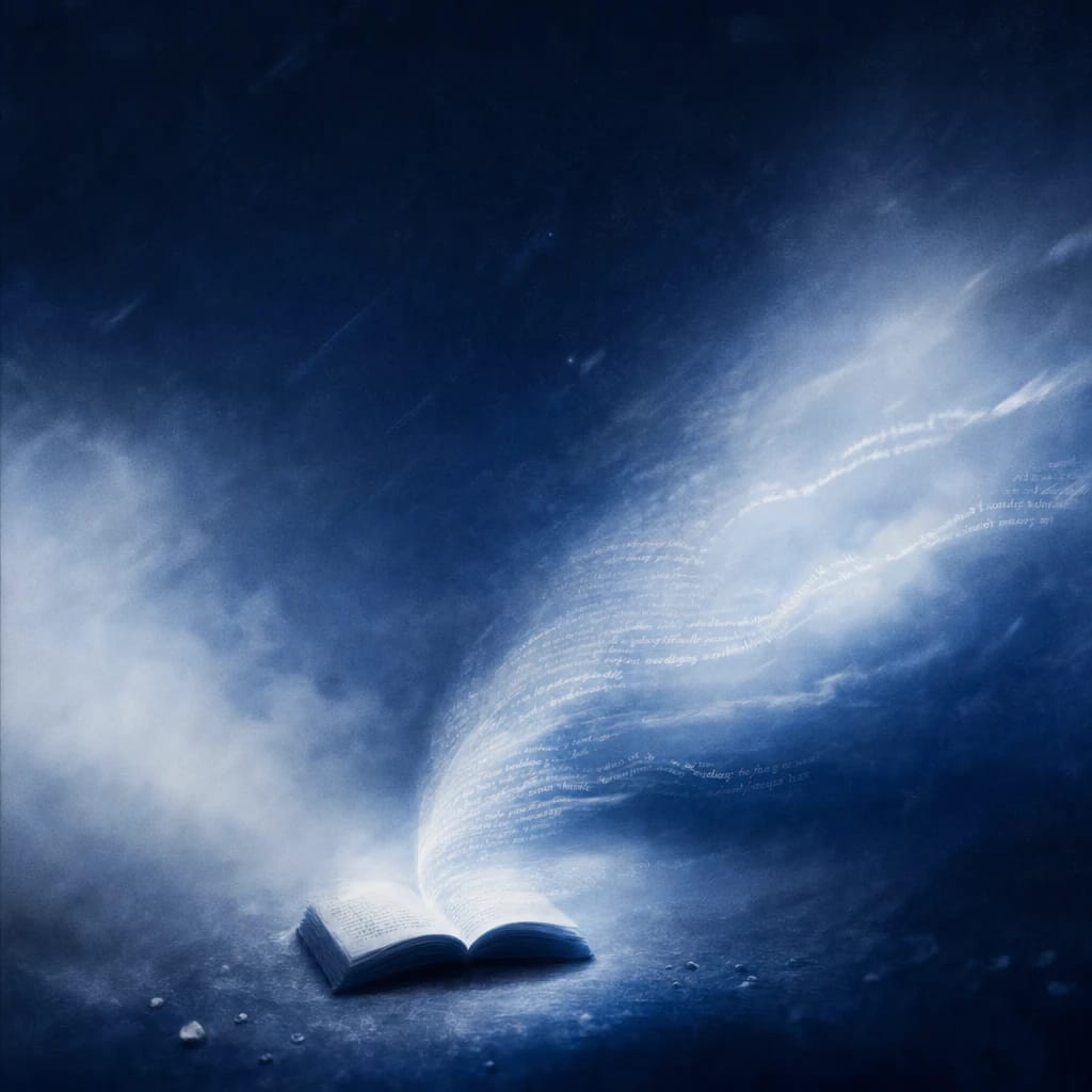 Stylized scene featuring an open book with flowing text, softly blurred, rendered in #DFE8F3 and #020A2F