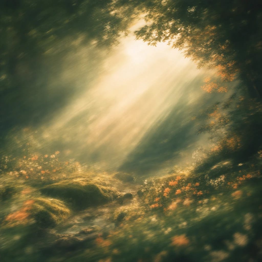 Stylized scene featuring sunbeams filtering through dense forest foliage onto a quiet mossy floor, rendered in deep forest green, off-white, and warm orange