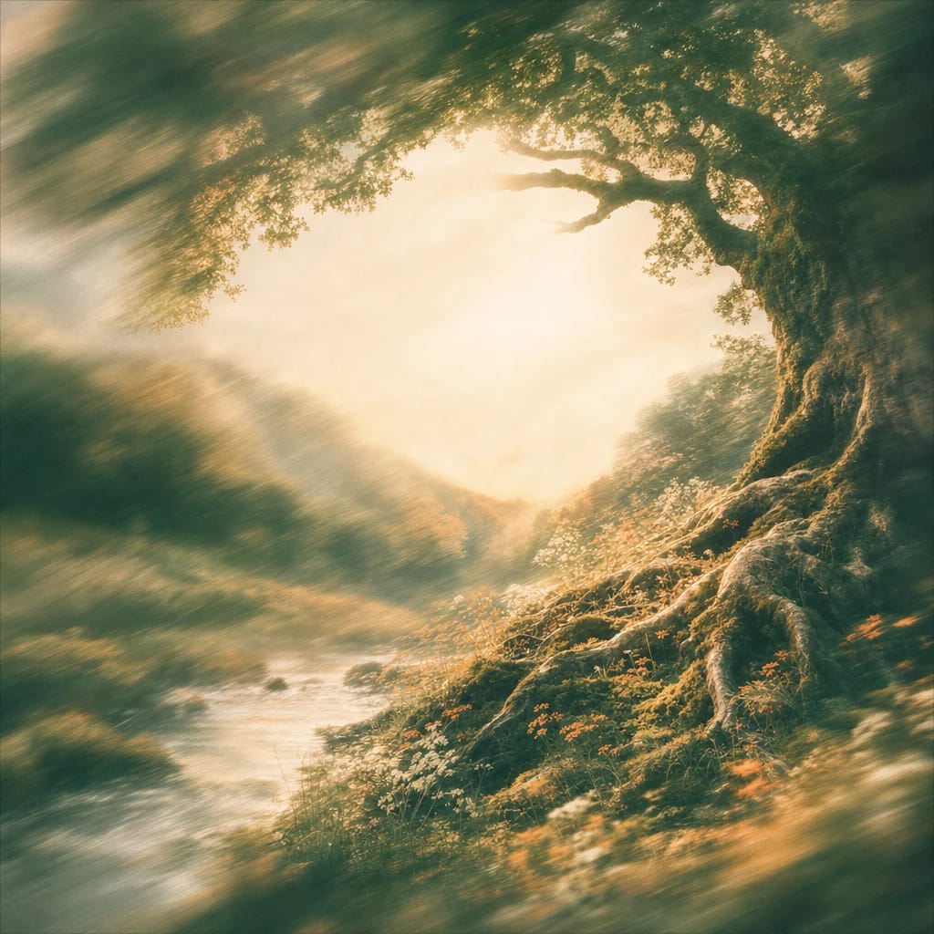Stylized scene featuring a sturdy oak tree with sunlit roots spreading over mossy earth, rendered in deep forest green, off-white, and warm orange