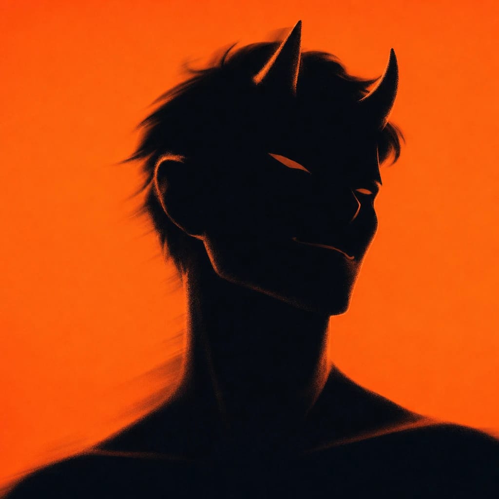 Stylized scene featuring a devilish figure with small horns, smirking, rendered in #F76D3F
