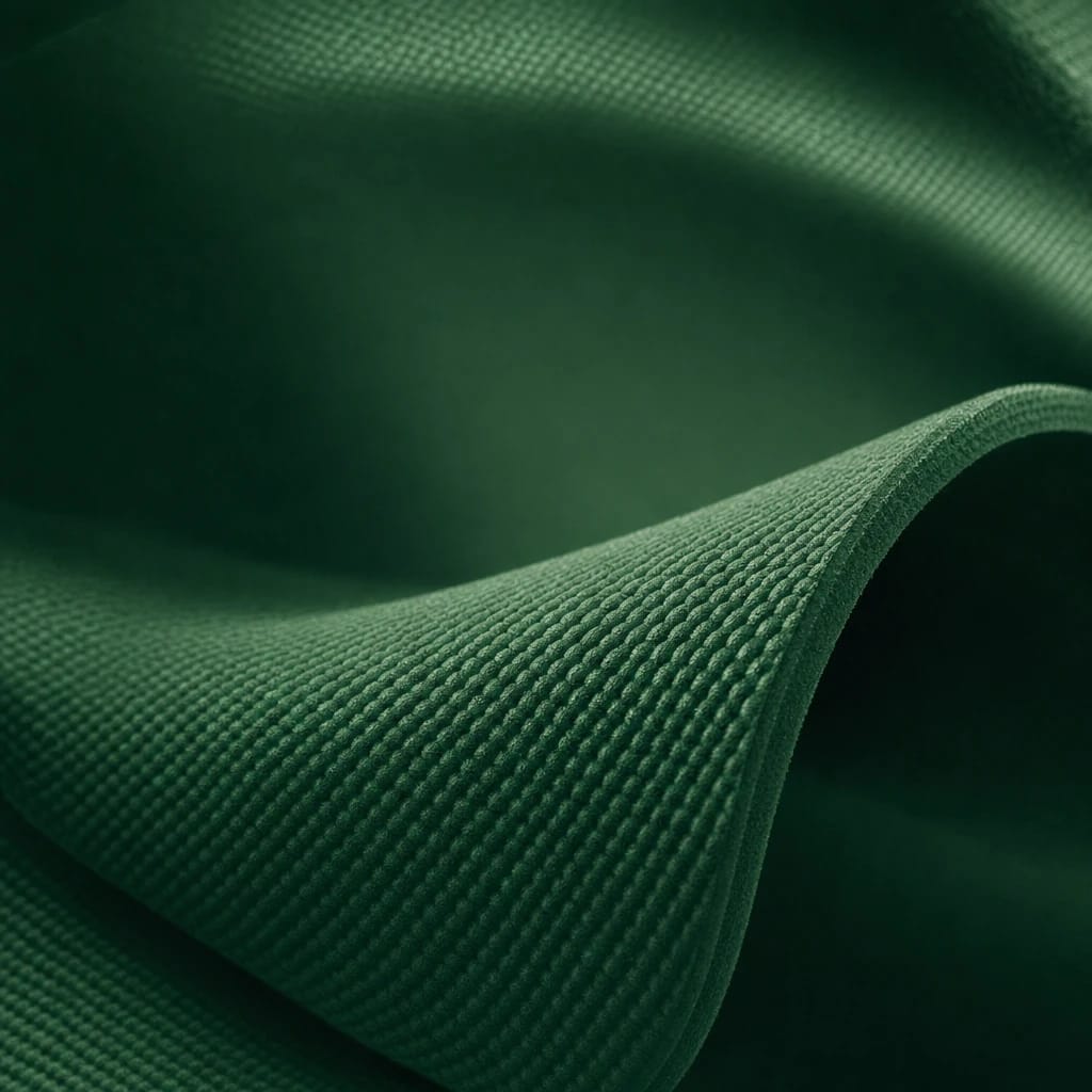 Stylized scene featuring matte surface of a rolled yoga mat, showing textured grip pattern in macro, rendered in forest green #214E3A