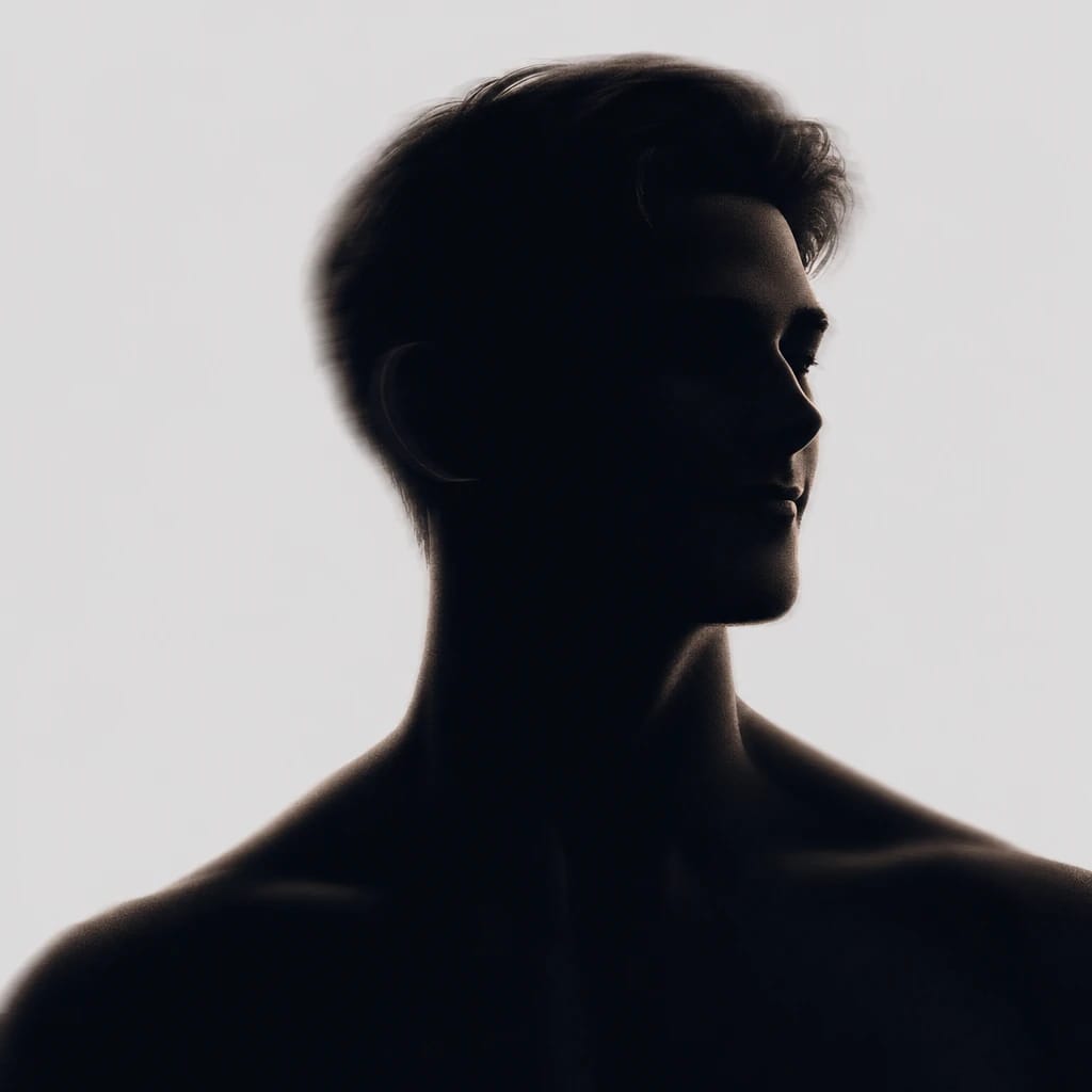 Stylized scene featuring confident man with short brown hair, gentle smile, rendered in #D7D5D5