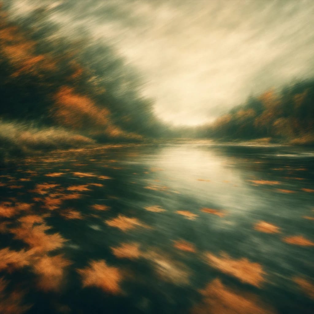 Stylized scene featuring a tranquil pond dotted with floating autumn leaves under an overcast sky, rendered in deep forest green, off-white, and warm orange