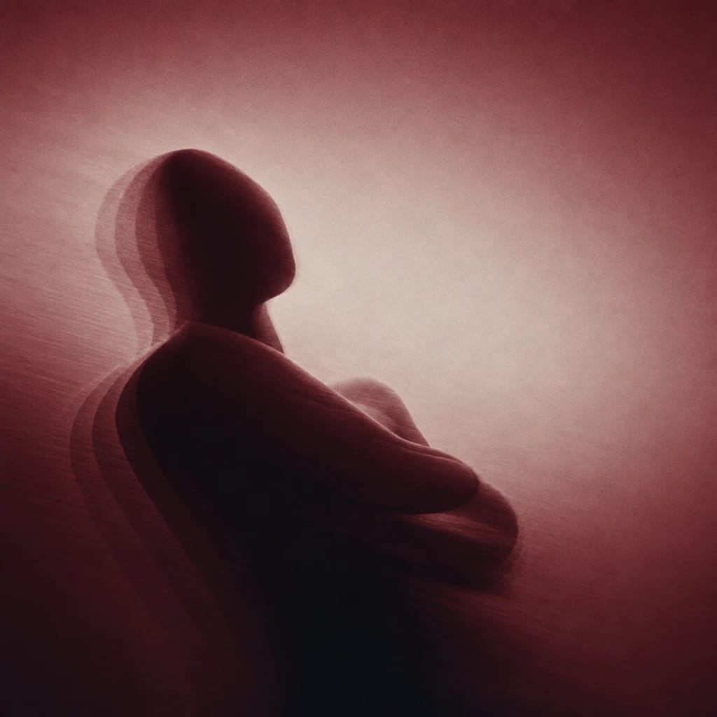 Stylized scene featuring a cropped silhouette of a crossed-armed figure, head turned defiantly aside, rendered in burgundy #7A1F2B