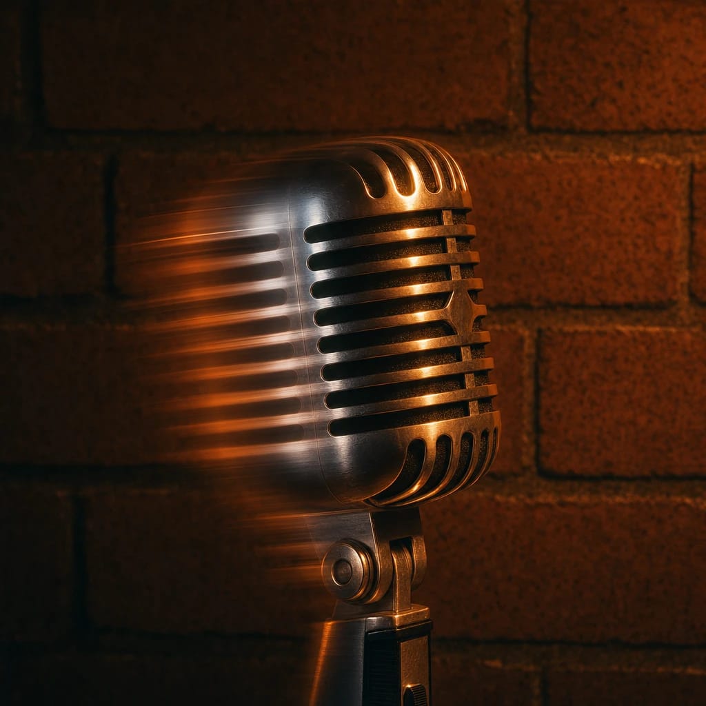 Stylized scene featuring a classic stage microphone set against a comedy club brick wall, rendered in off-white and orange