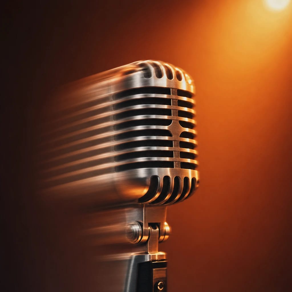 Stylized scene featuring a vintage microphone with soft stage lights, rendered in deep blue, gray