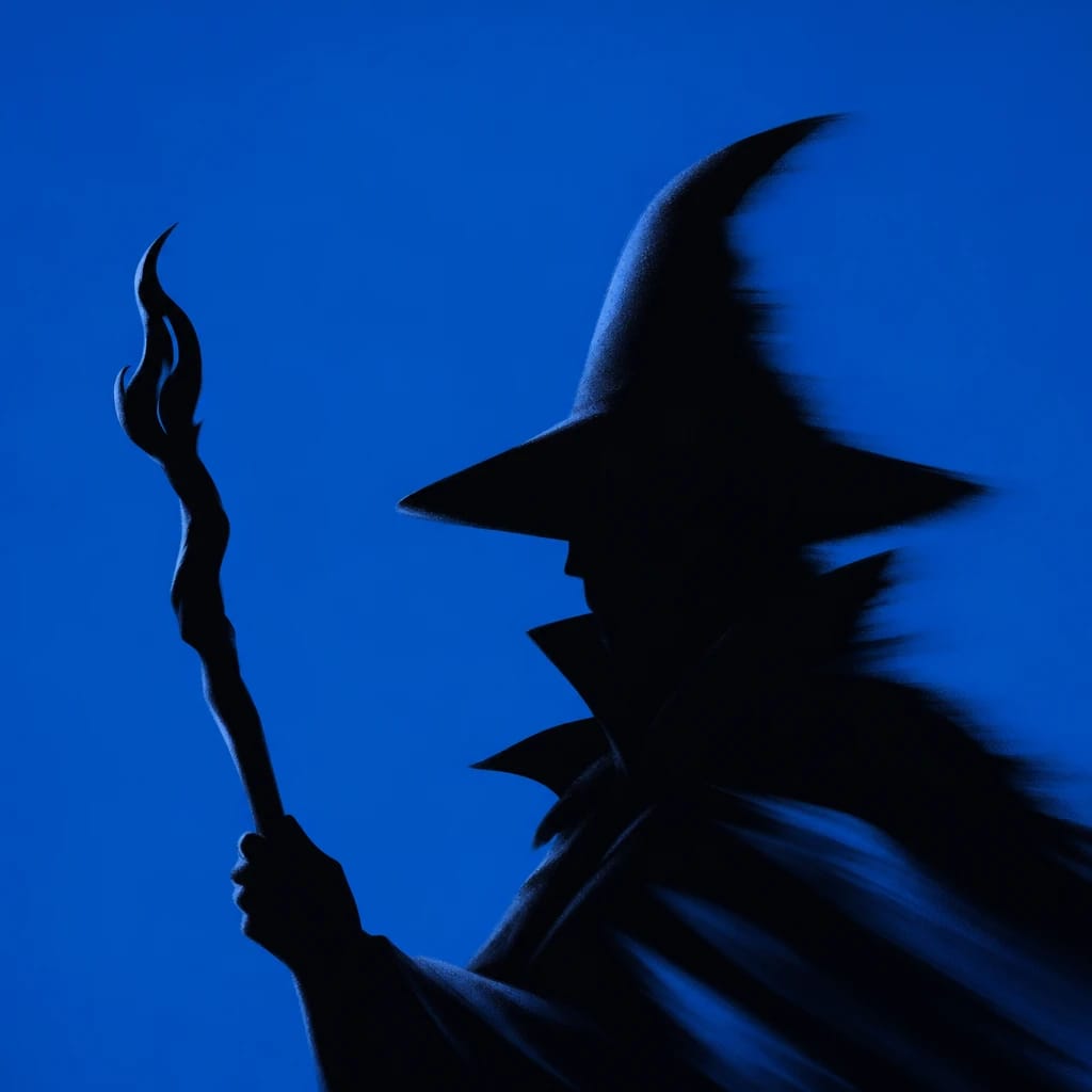 Stylized scene featuring a wizard in flowing robes, holding a staff, rendered in #004CB6