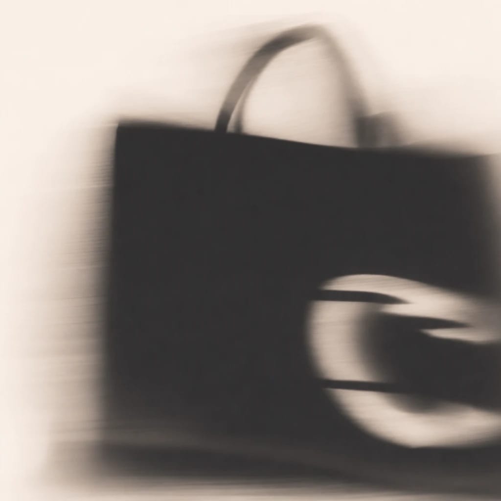 Stylized scene featuring a shopping bag with a bold logo, slightly out of focus, rendered in off-white, deep green