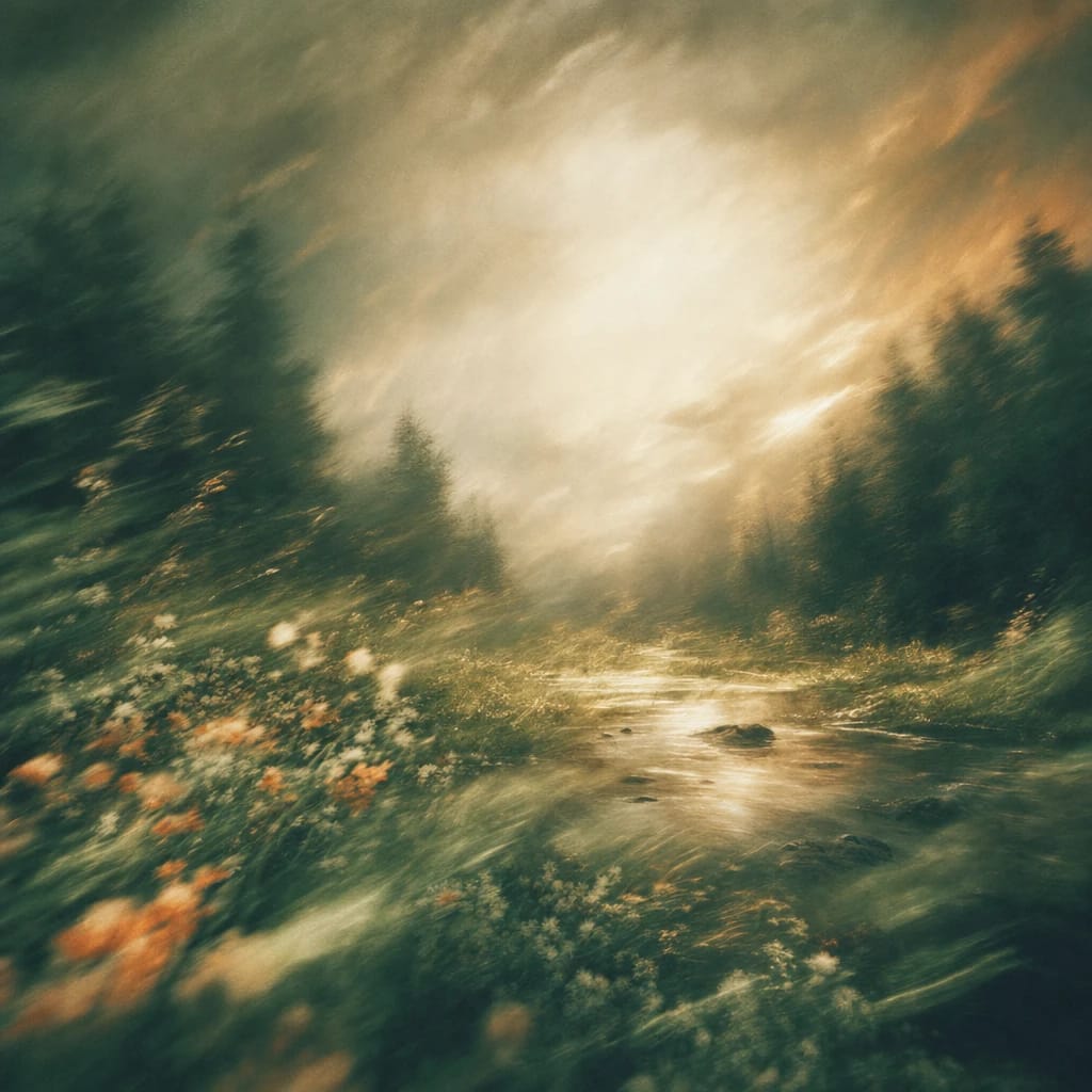 Stylized scene featuring dramatic, storm-lit forest clearing with wind-tossed foliage, rendered in deep forest green, off-white, and warm orange