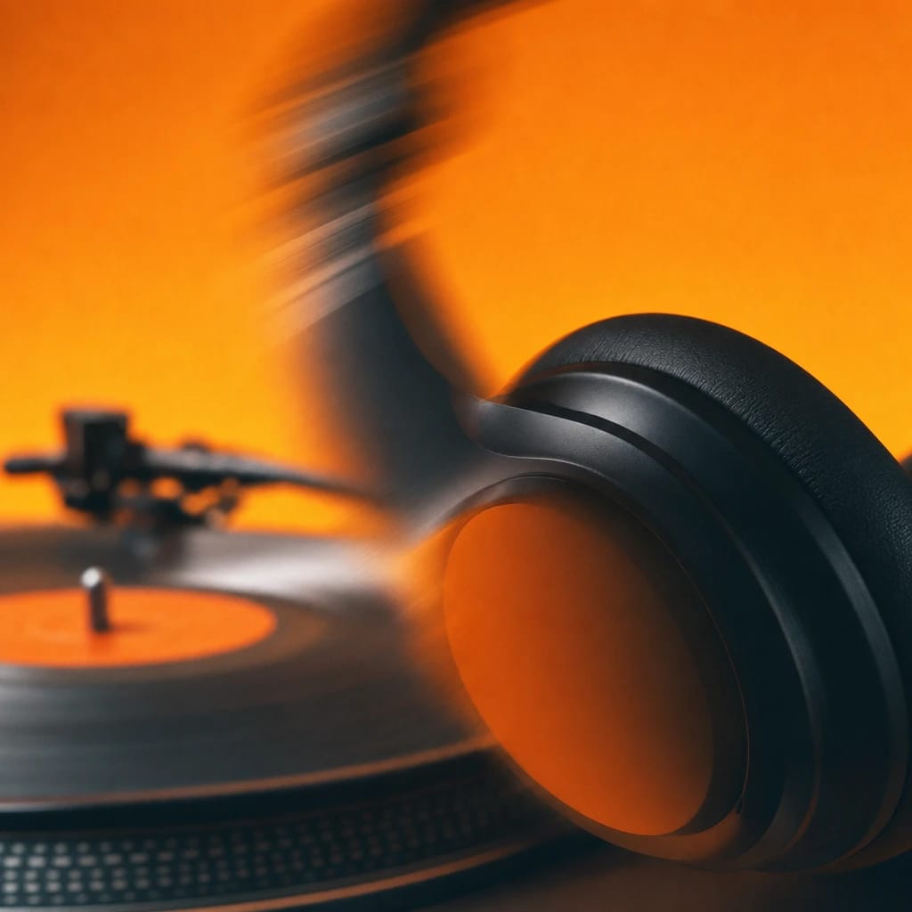 Stylized scene featuring a turntable and headset, blurry in the background, rendered in deep green, gray
