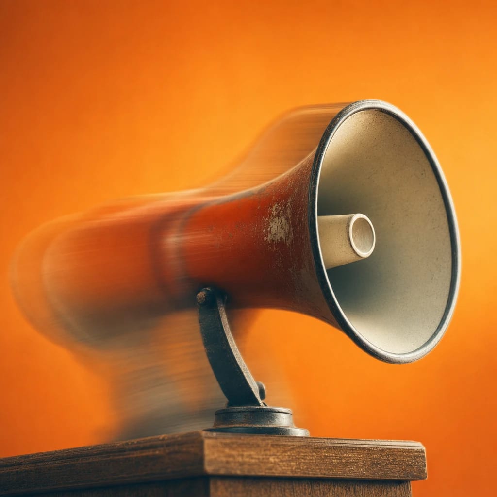 Stylized scene featuring a vintage megaphone on a wooden podium, softly out of focus, rendered in deep green, off-white
