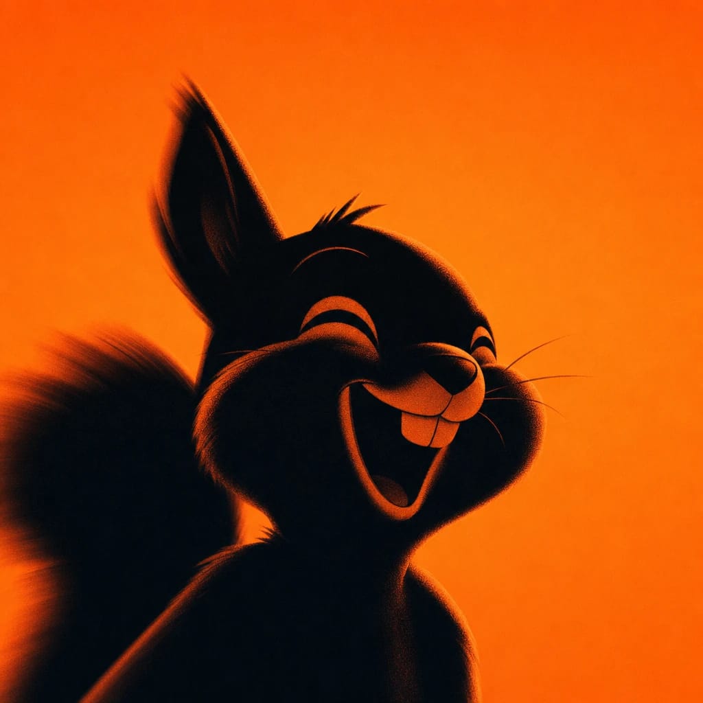 Stylized scene featuring a cheerful cartoon squirrel with an exaggerated smile, rendered in #F76D3F
