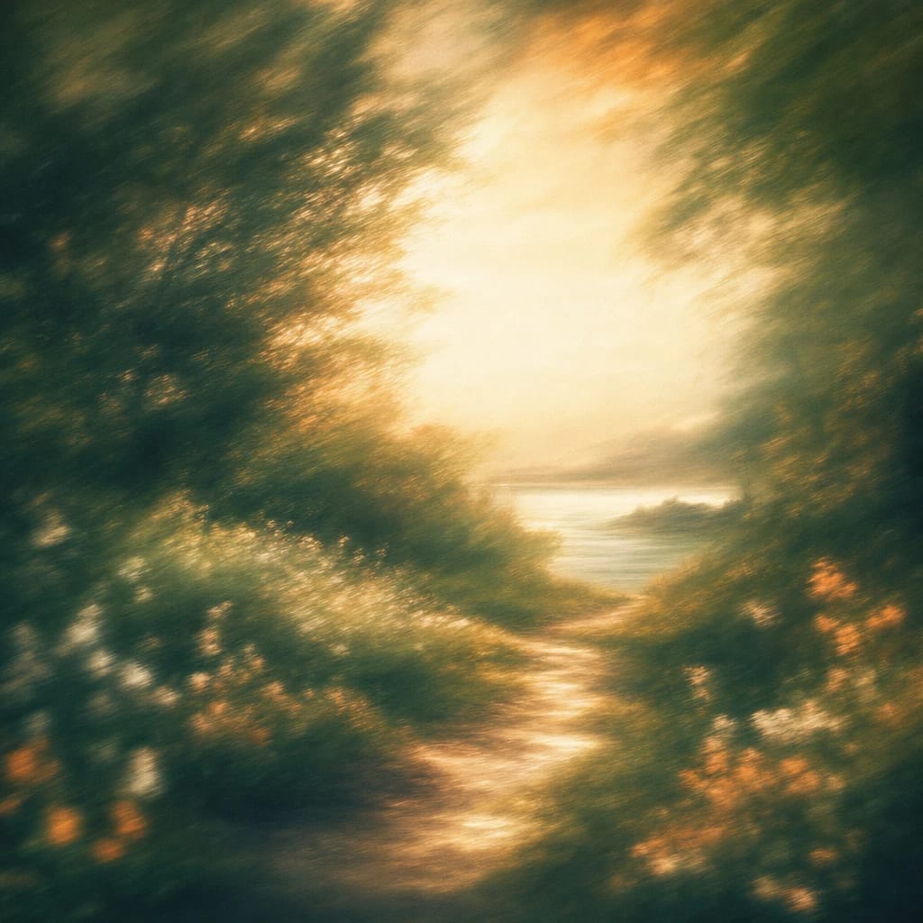 Stylized scene featuring a sun-dappled woodland path winding through lush green foliage, rendered in deep forest green, off-white, and warm orange