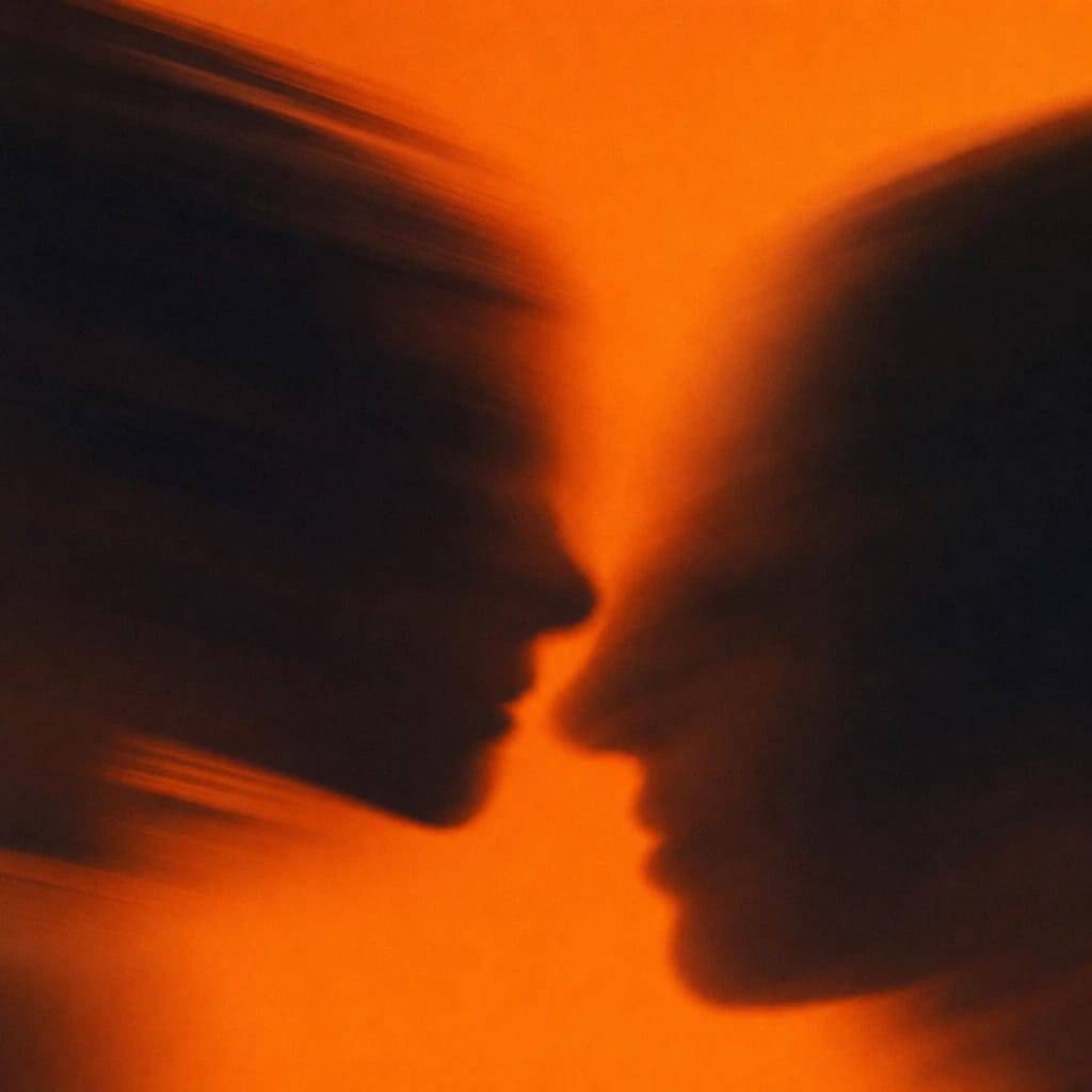 Stylized scene featuring two silhouetted heads close together, softly blurred, rendered in gray, off-white