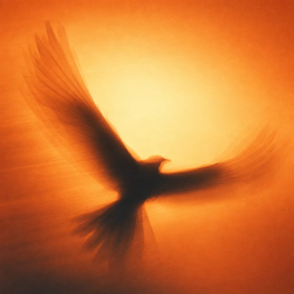 Stylized scene featuring a bounding, mid-leap silhouette with outstretched arms, rendered in burnt orange #C94A18