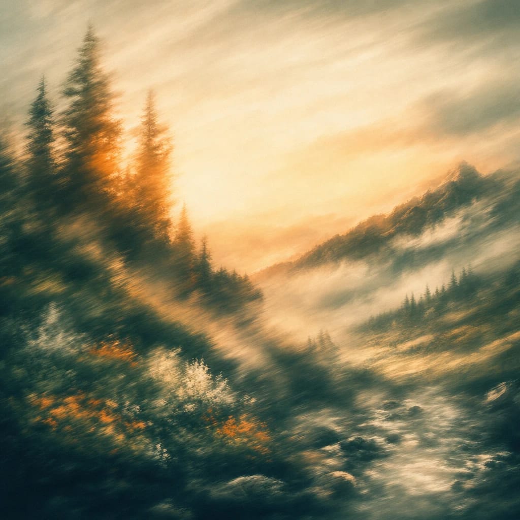 Stylized scene featuring misty mountain ridge at dawn, with orange sunlight breaking through pines, rendered in deep forest green, off-white, and warm orange
