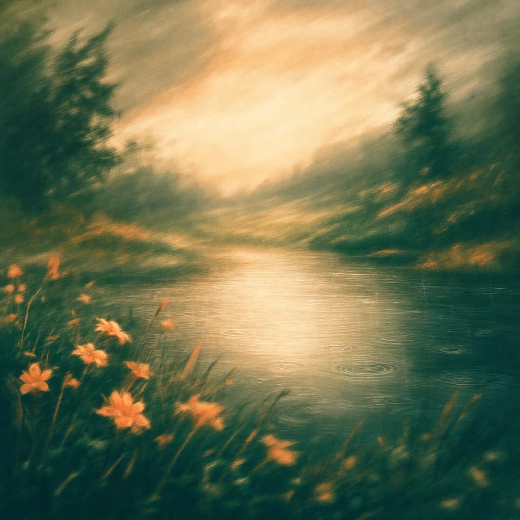 Stylized scene featuring rippling pond disturbed by gentle raindrops, rendered in deep forest green, off-white, and warm orange