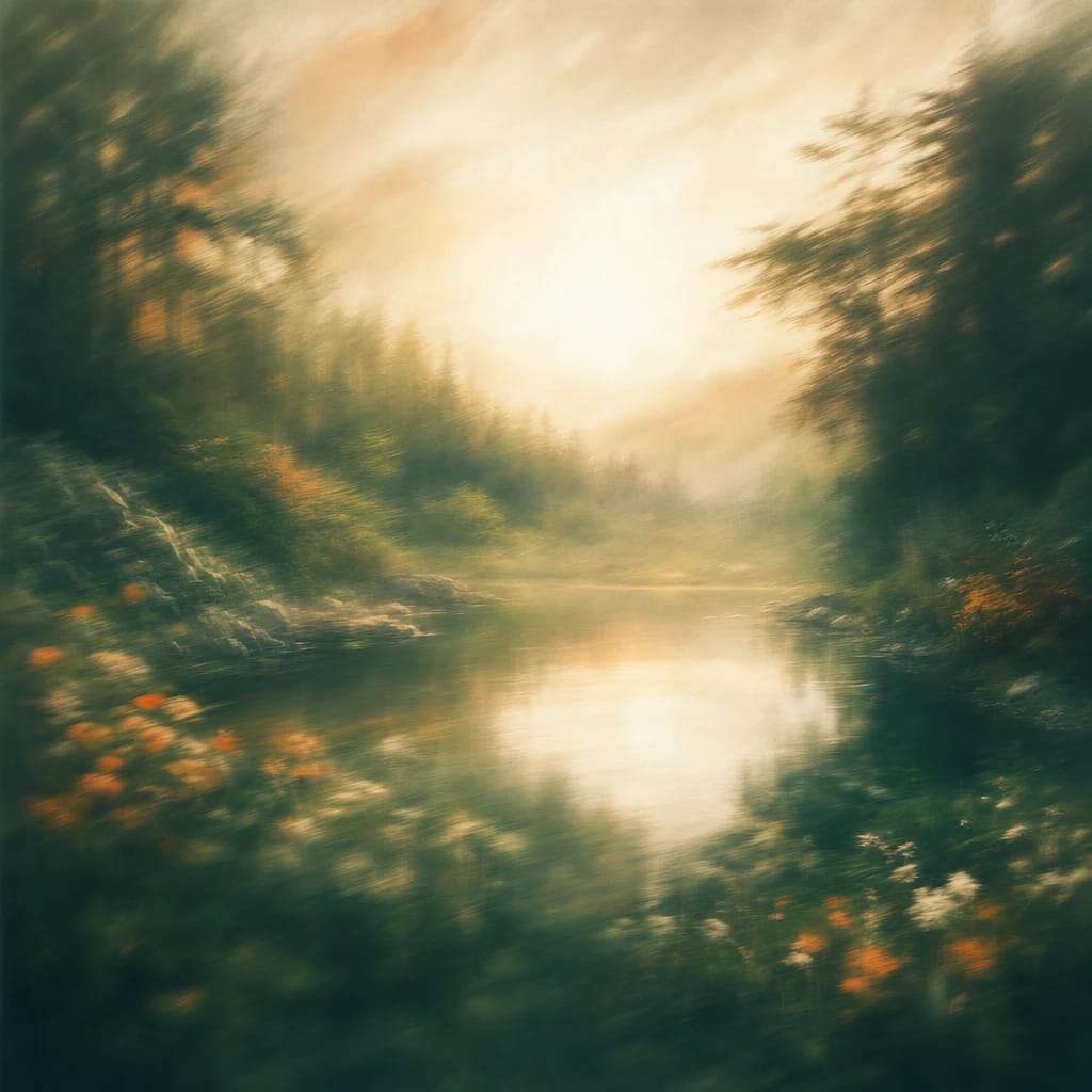 Stylized scene featuring a tranquil forest pond reflecting soft morning light, surrounded by lush foliage, rendered in deep forest green, off-white, and warm orange