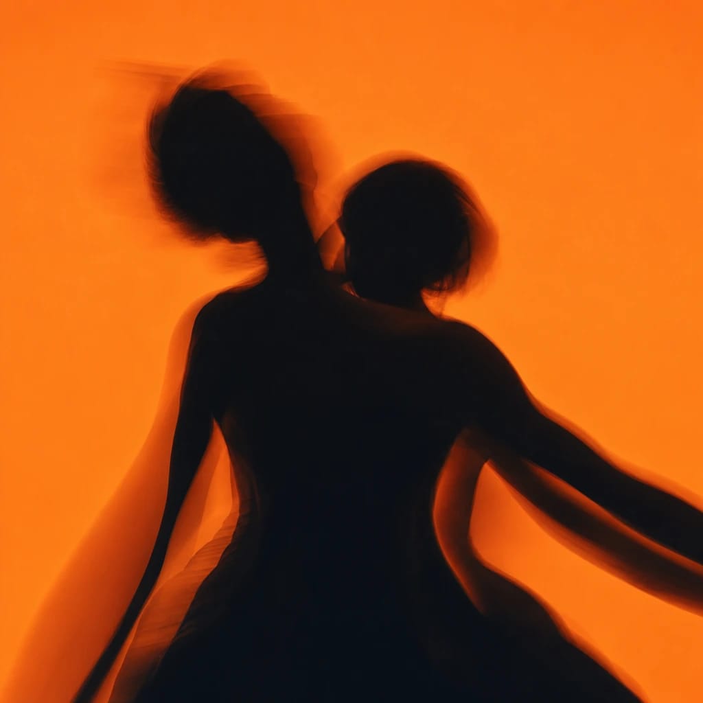 Stylized scene featuring silhouettes of intertwined dancers, softly blurred, rendered in deep green, off-white