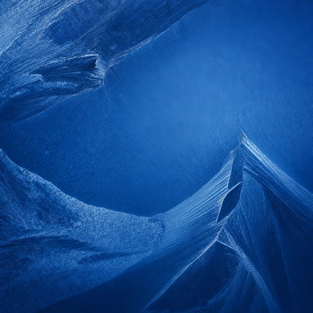 Stylized scene featuring crystalline microscope slide of vitamin C, rendered in cobalt blue #1E4FA3