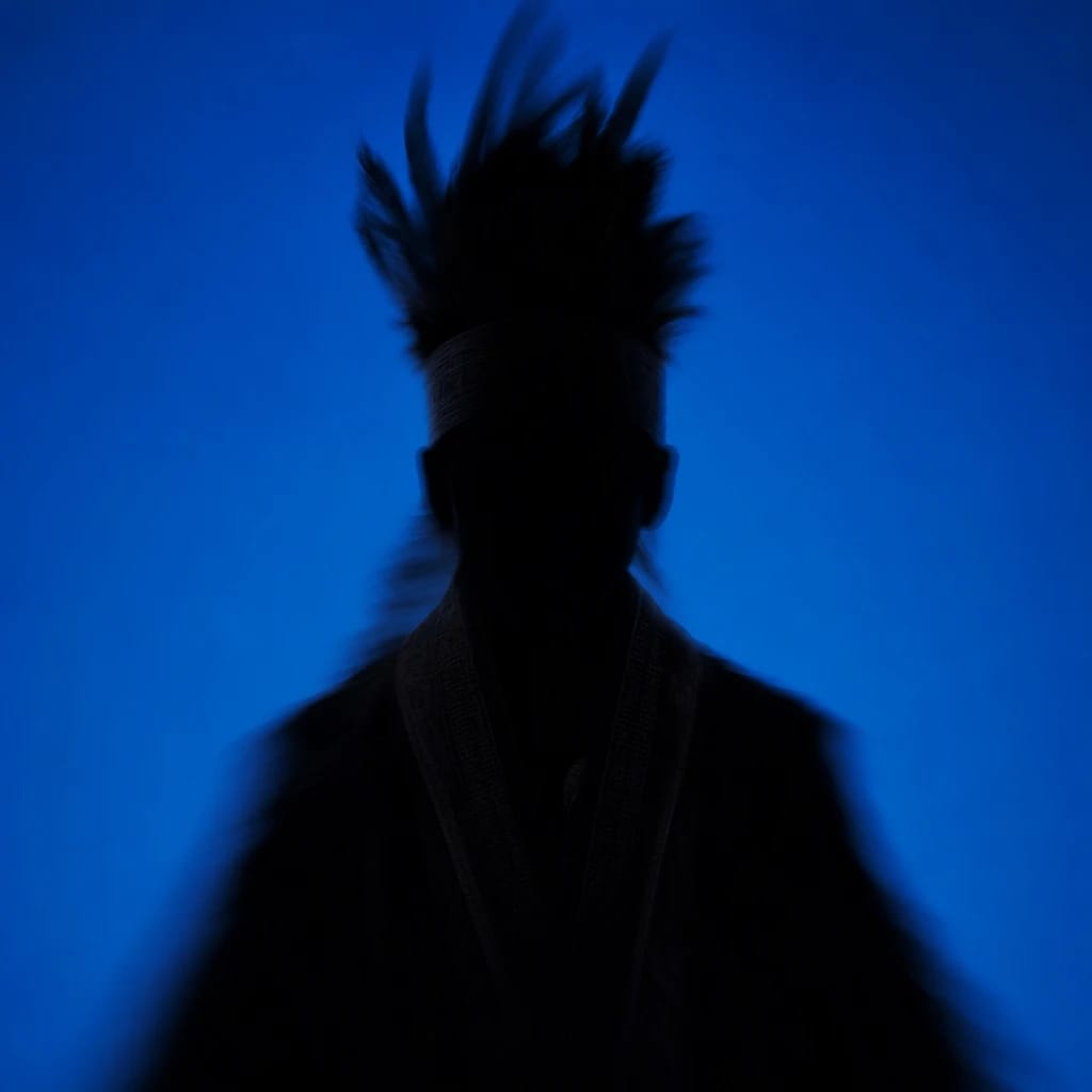 Stylized scene featuring a shaman figure in traditional robes, softly blurred around the edges, rendered in #004CB6