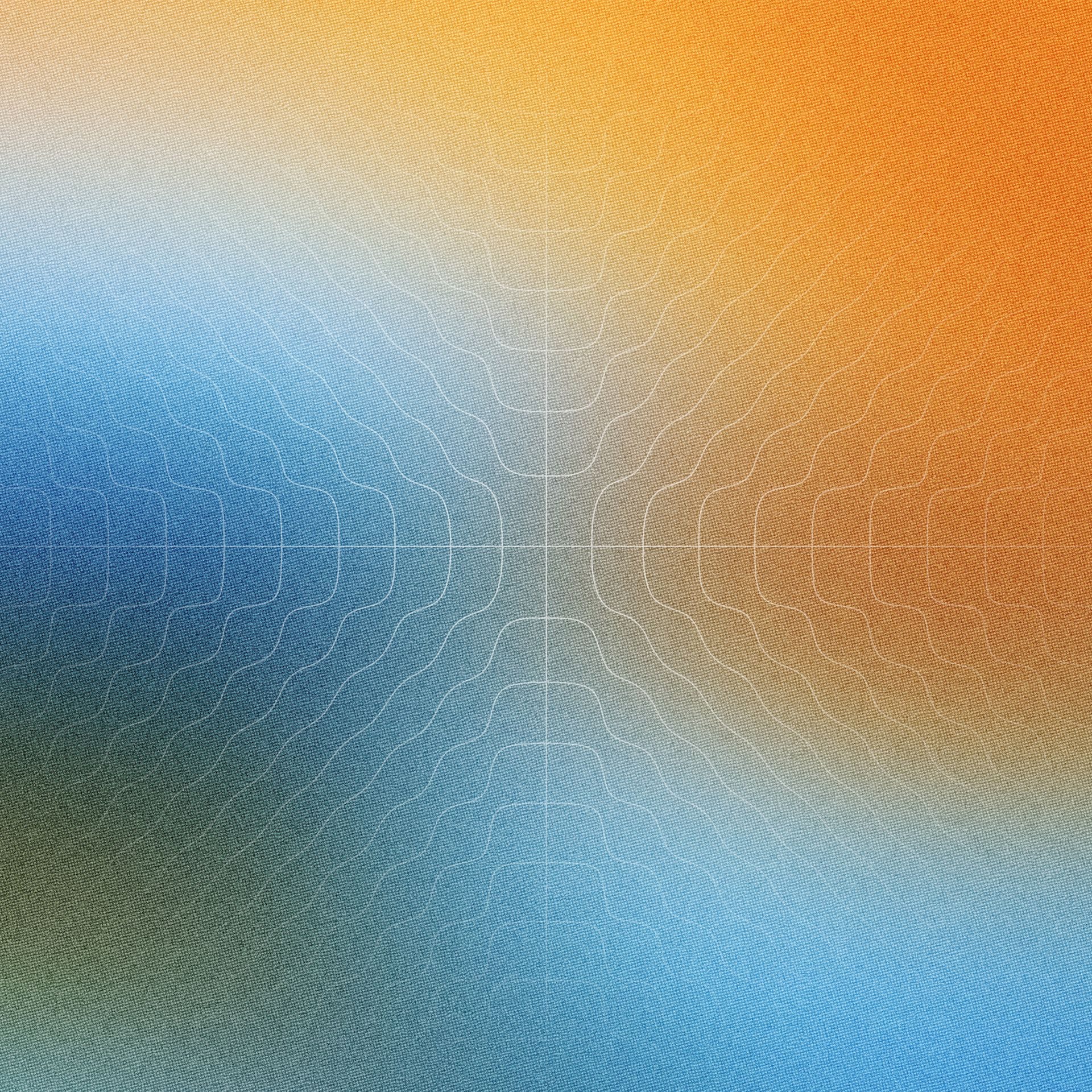 A layered, abstract composition of nested rounded squares radiating outward from a warm orange-red center, bleeding into vibrant pinks, purples, and blues at the edges, with a prismatic light flare on the left side giving it an iridescent, holographic feel.