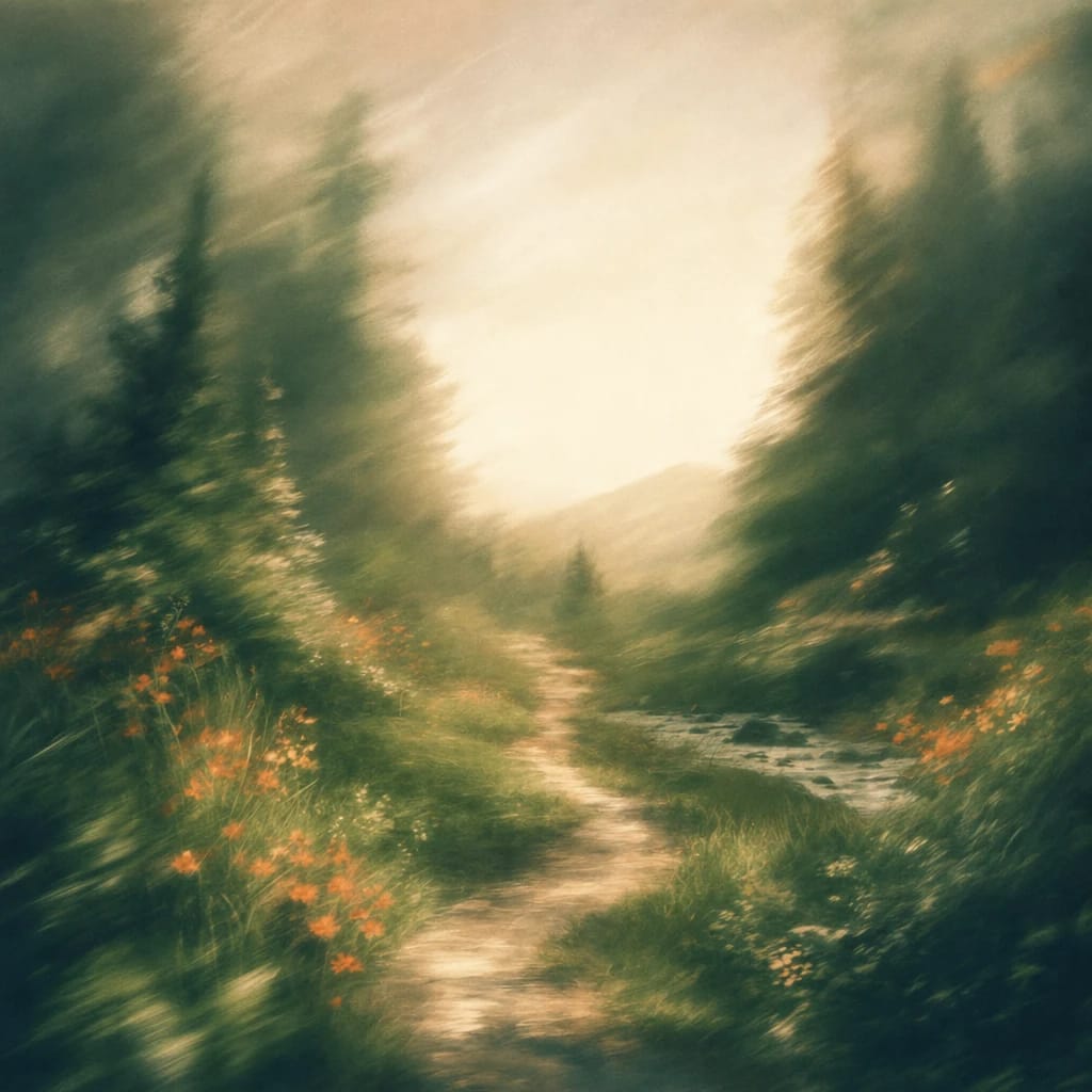 Stylized scene featuring sunlit forest trail winding through lush greenery, rendered in deep forest green, off-white, and warm orange