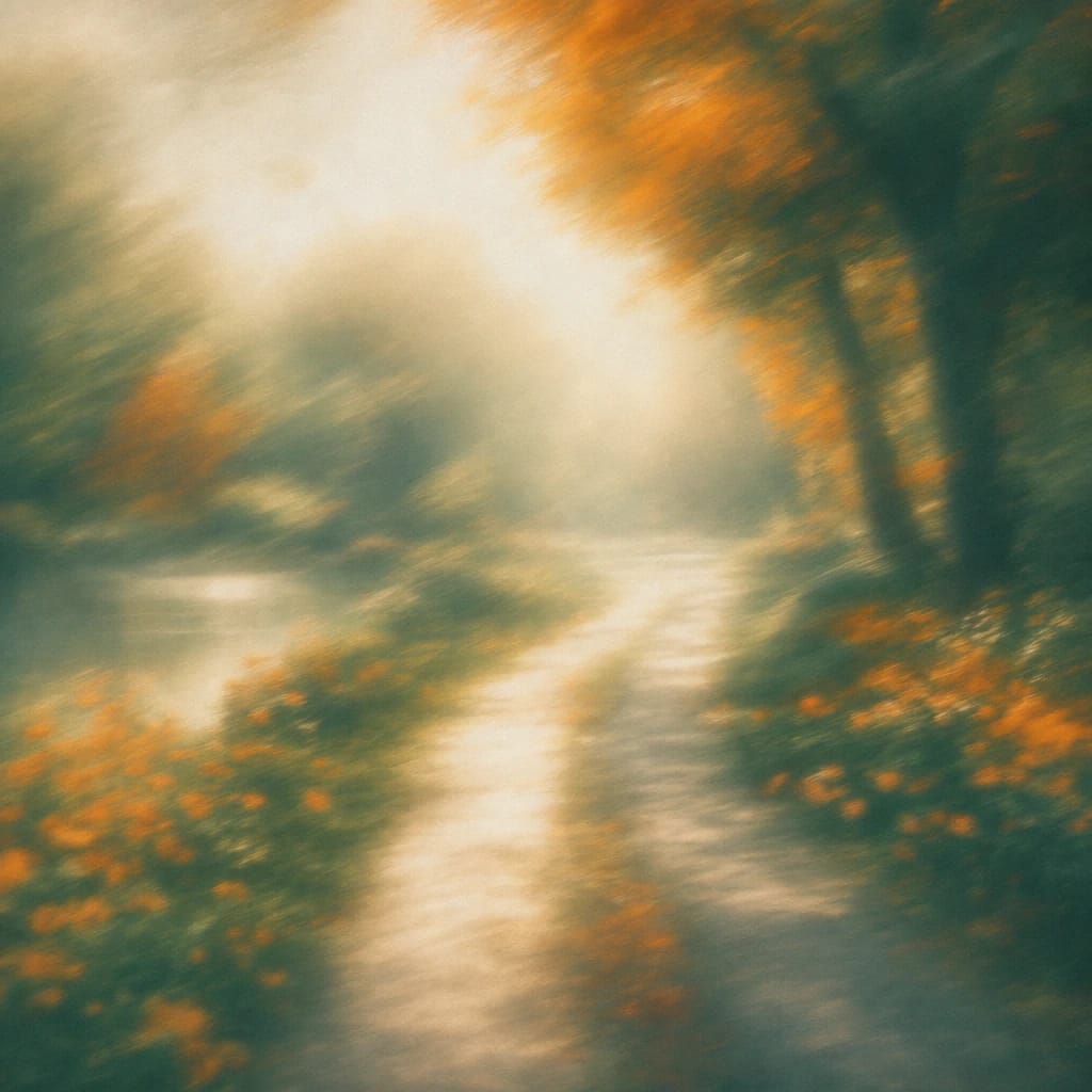 Stylized scene featuring a morning park path lined with sun-dappled trees and orange-tinted autumn leaves, rendered in deep forest green, off-white, and warm orange
