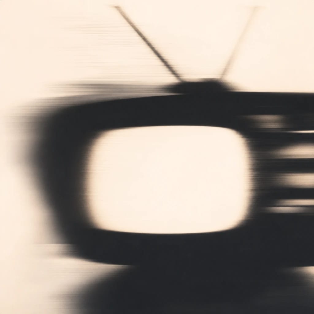 Stylized scene featuring a retro television displaying a product, with a soft blur, rendered in off-white, orange