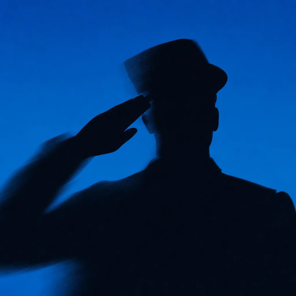 Stylized scene featuring a soldier silhouette, mid-salute, rendered in #004CB6