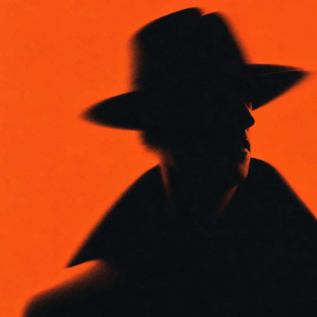 Stylized scene featuring a silhouette of a confident, stylish figure striking a pose, rendered in #F76D3F
