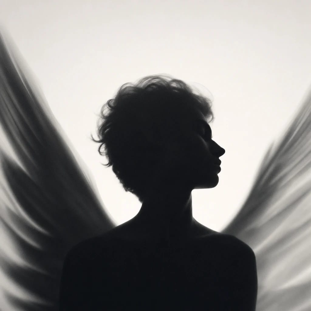 Stylized scene featuring a serene angelic figure with soft, ethereal wings, rendered in #D7D5D5