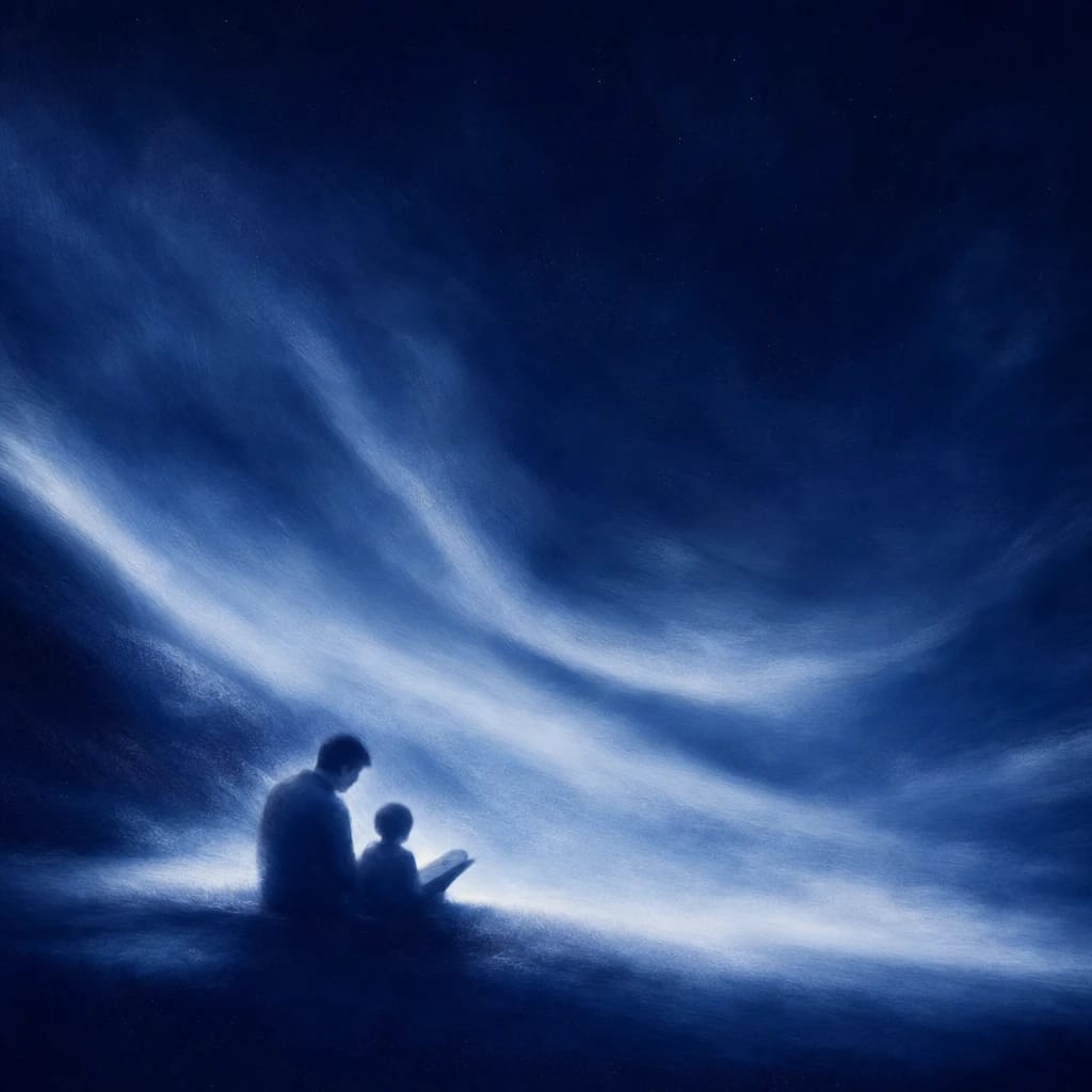 Stylized scene featuring a father reading a storybook to a child, softly out of focus, rendered in #DFE8F3 and #020A2F