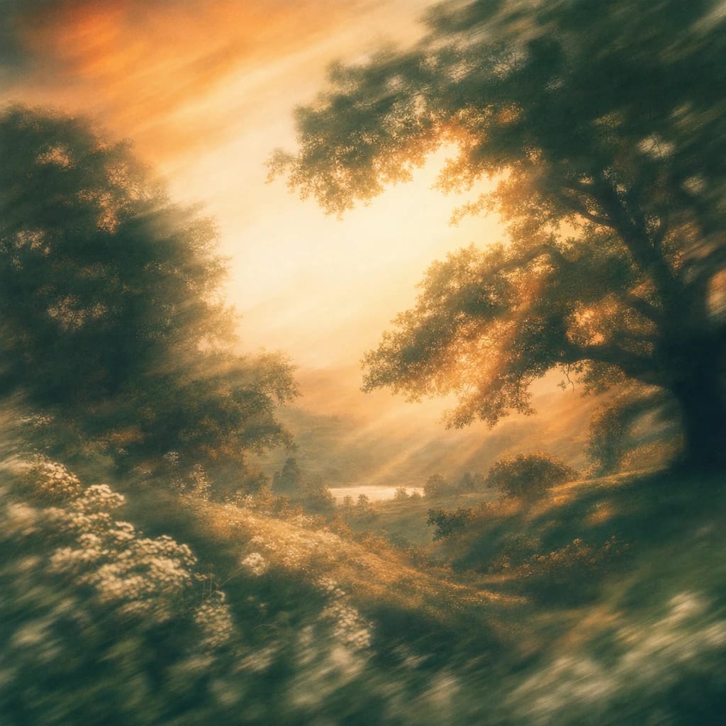 Stylized scene featuring a misty oak forest at dawn, shafts of light filtered through dense leaves, rendered in deep forest green, off-white, and warm orange