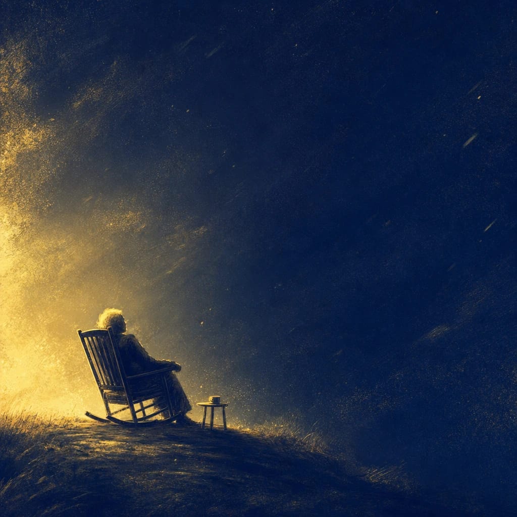 Stylized scene featuring an elderly man sitting in a rocking chair, warmly lit, rendered in #F8E079 and #000440