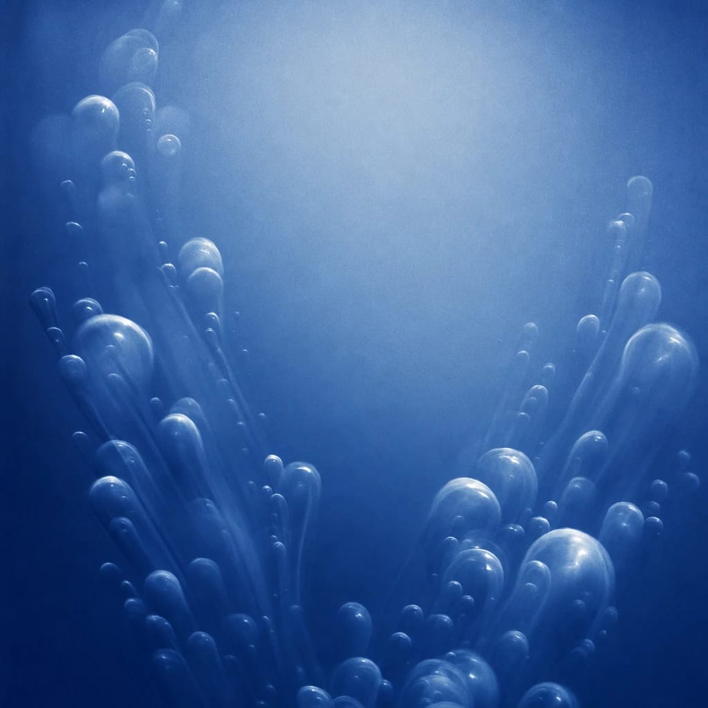 Stylized scene featuring a rising cluster of translucent bubbles, catching the light, rendered in deep cobalt #173E8F