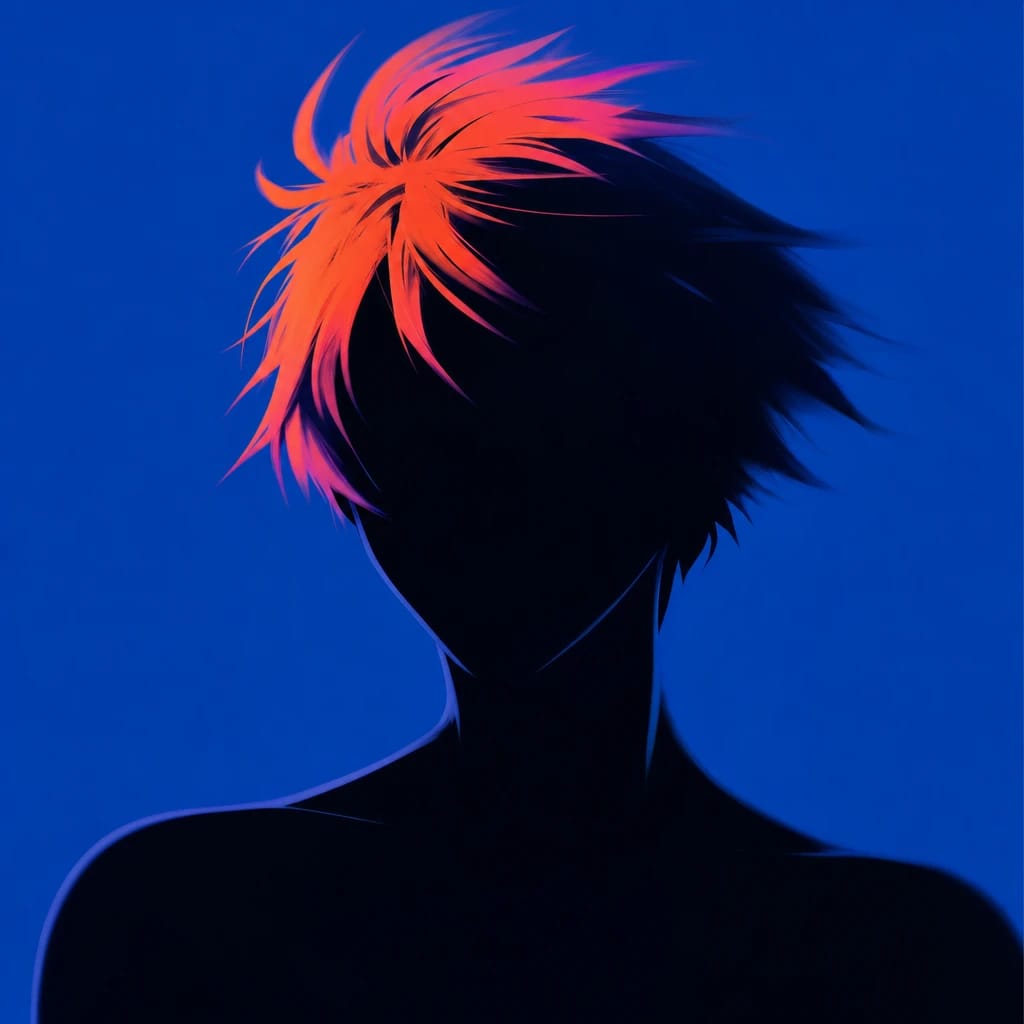 Stylized scene featuring a stylized anime character with colorful hair, rendered in #004CB6