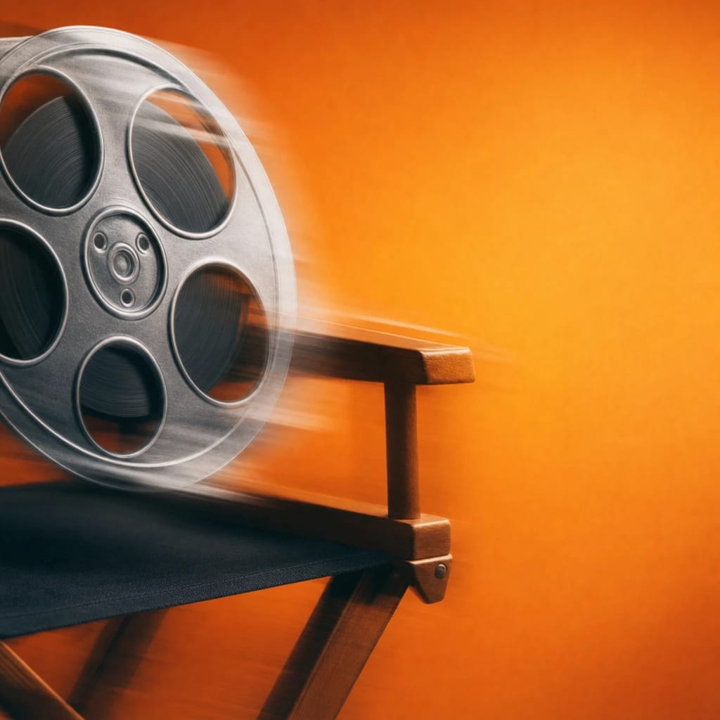 Stylized scene featuring a film reel and director's chair in soft focus, rendered in gray, blue