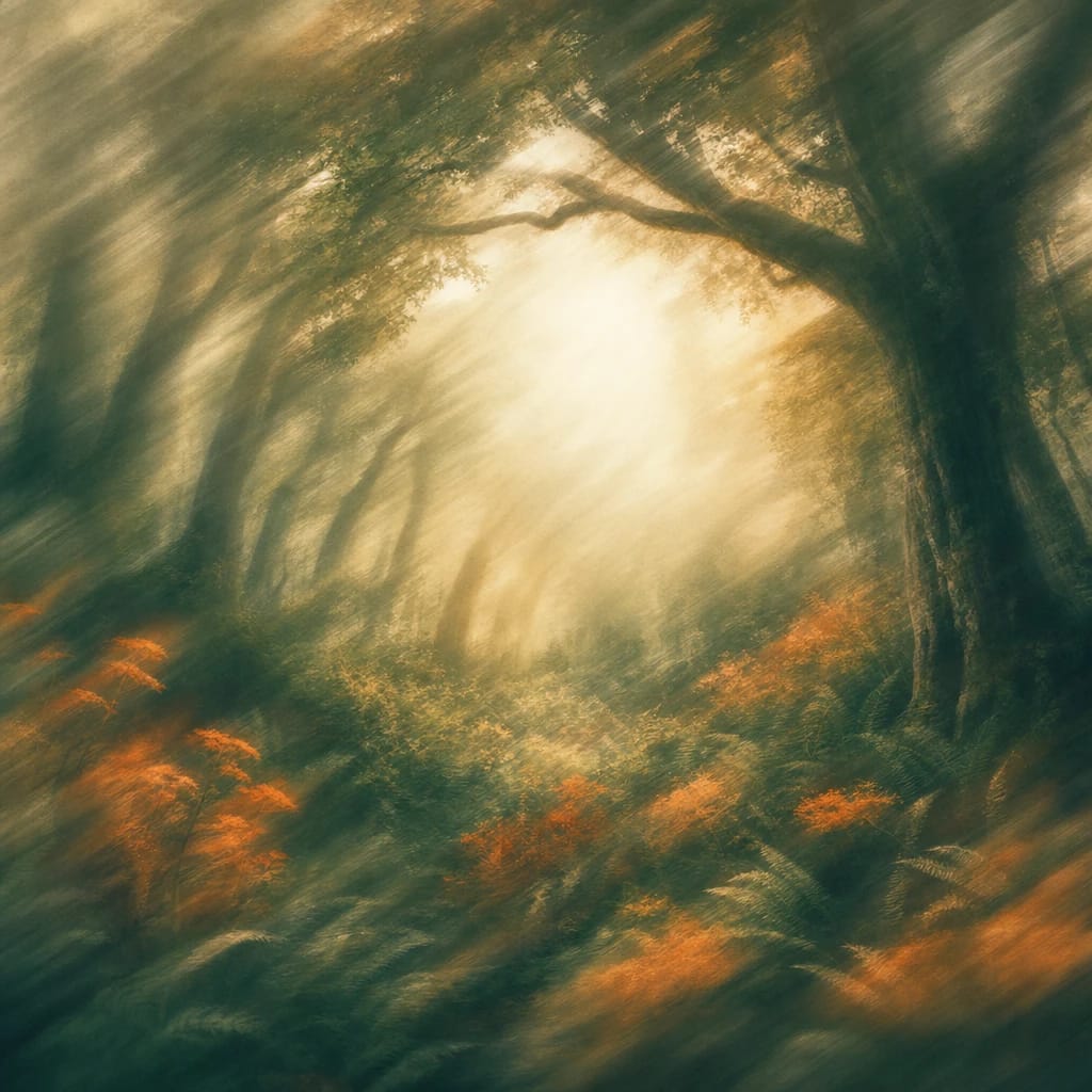 Stylized scene featuring a dense grove of tall, sturdy trees with intertwining branches sheltering sunlight-dappled ferns below, rendered in deep forest green, off-white, and warm orange