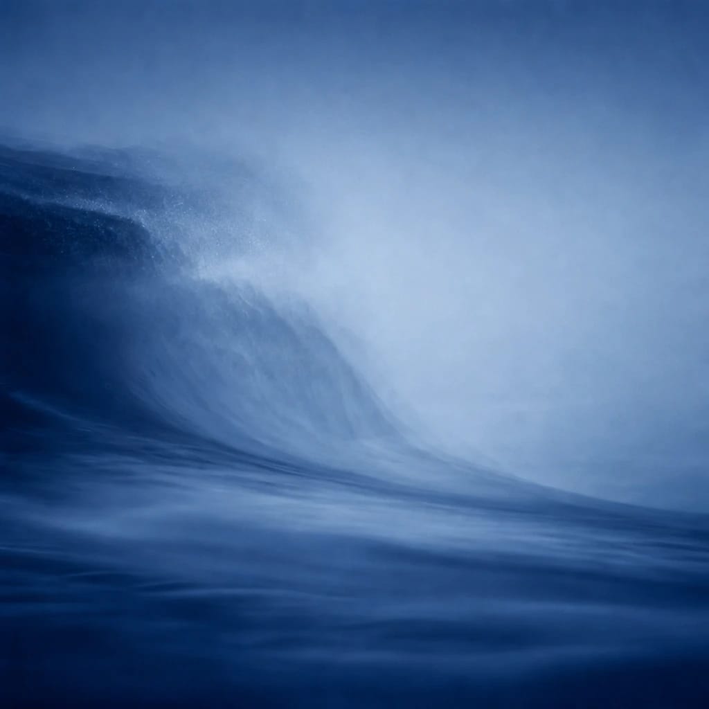 Stylized scene featuring a tousled hair silhouette against curling ocean waves, seen from behind, rendered in deep cobalt #173E8F