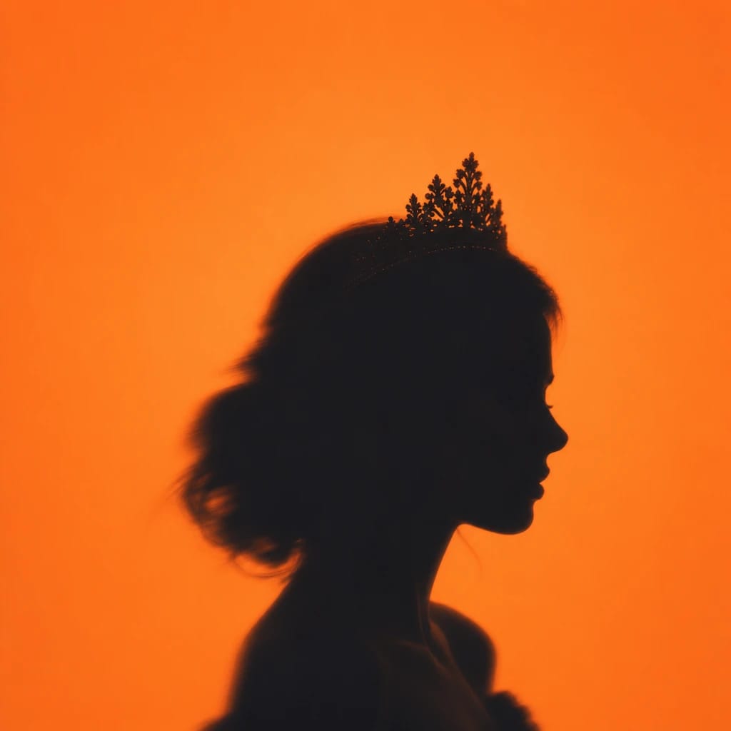 Stylized scene featuring a princess with a tiara, softly backlit, rendered in #F76D3F