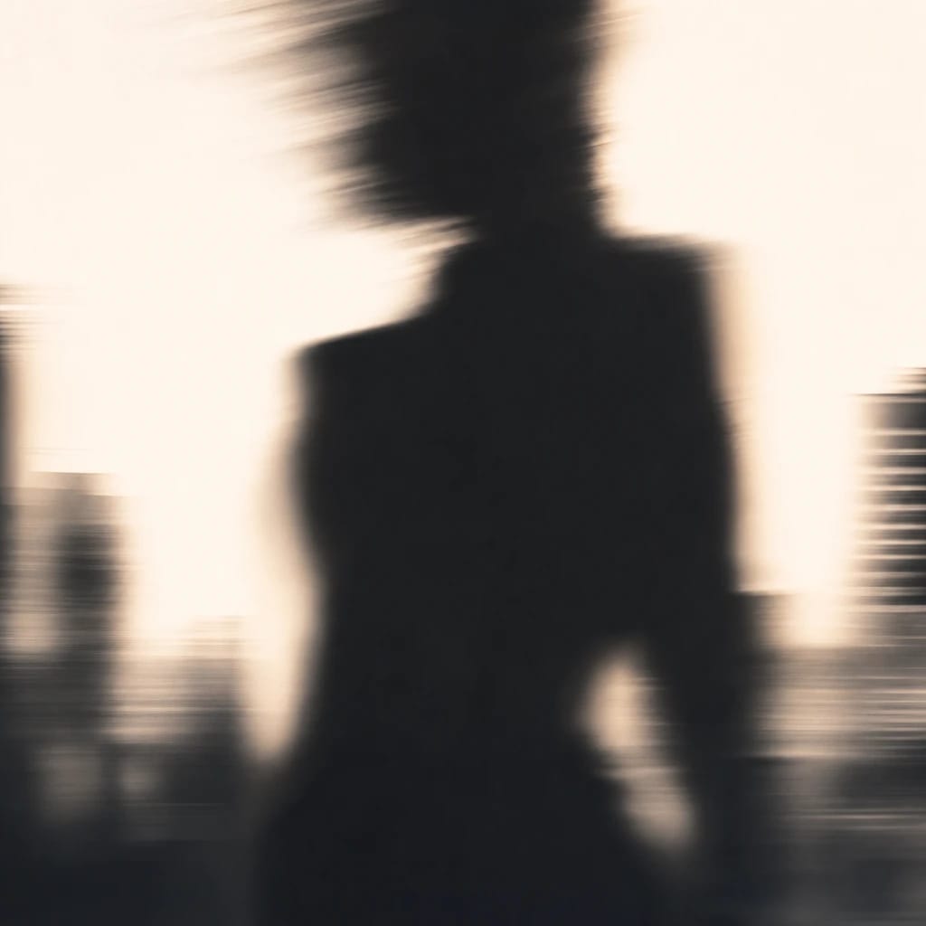 Stylized scene featuring a confident business woman, slightly out of focus with a cityscape backdrop, rendered in off-white, gray