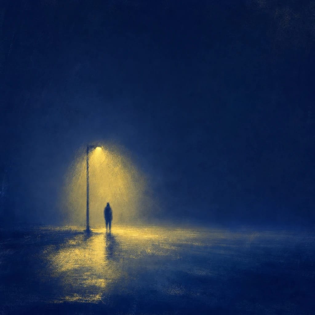 Stylized scene featuring a shadowy figure standing under a streetlamp, partially blurred, rendered in #F8E079 and #000440